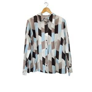 Eugen Klein VTG Brown Blue Pattern Long‎ Sleeve Button Down Cotton Shirt Blouse